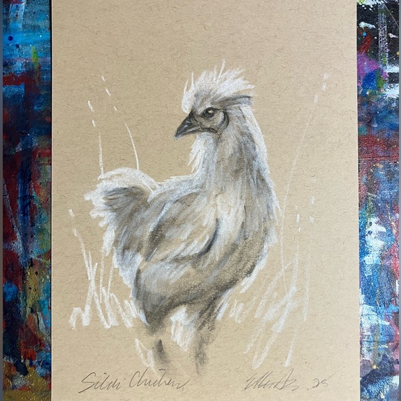 Artettina Other - Original painting Silky chick new charcoal pastel farm decor art chicken EAEH